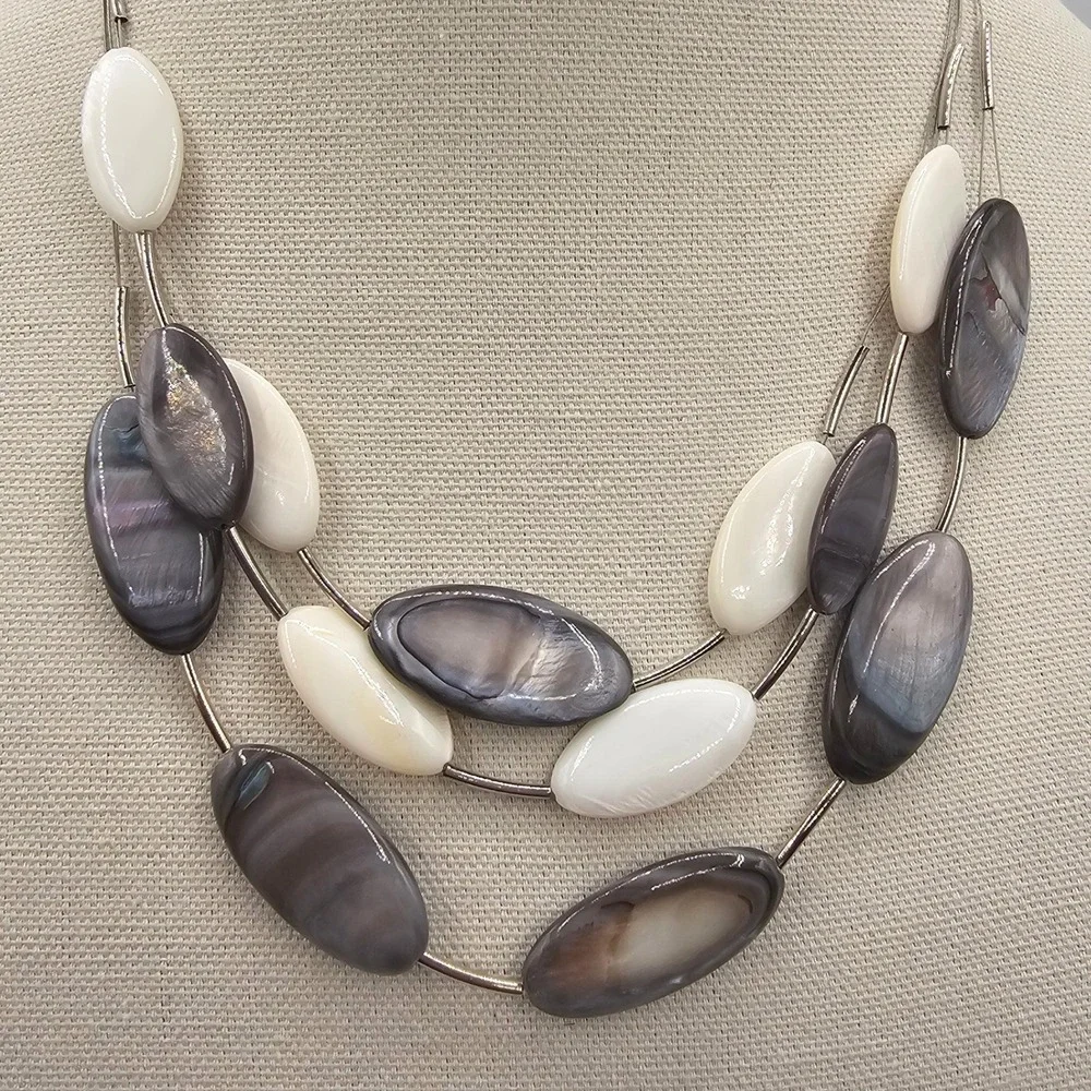 Ali-Khan NY Necklace Multi Strand Grey White MOP Shell Beads Layered 16-19